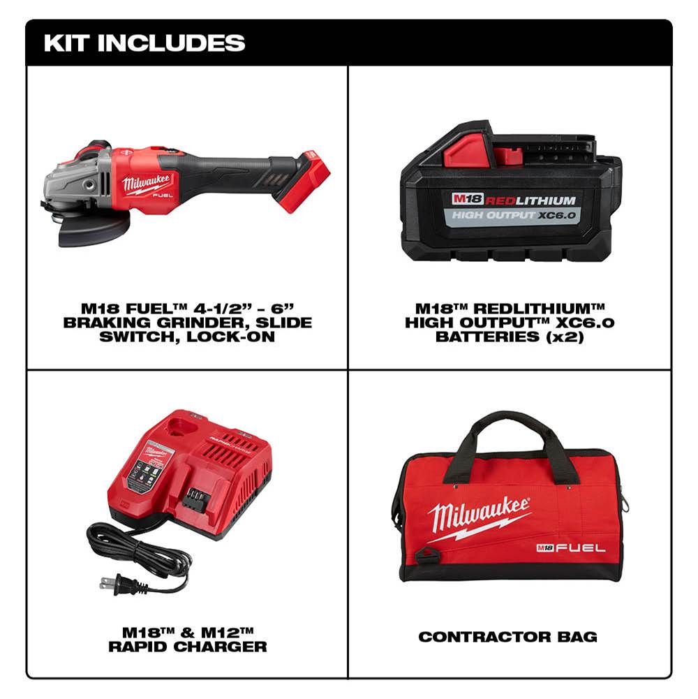 Milwaukee Tool M18 Fuel 4-1/2'' - 6'' Grinder, Slide Switch Lock-On - 2 Batt Kit