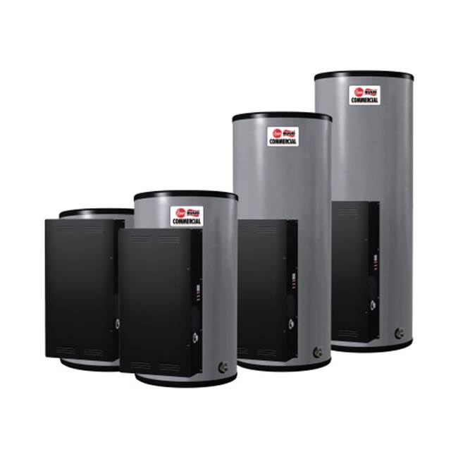 Rheem PowerPack ASME series commercial electric water heaters deliver a maximum of 190 deg F water and are designed for general use or point-of-use