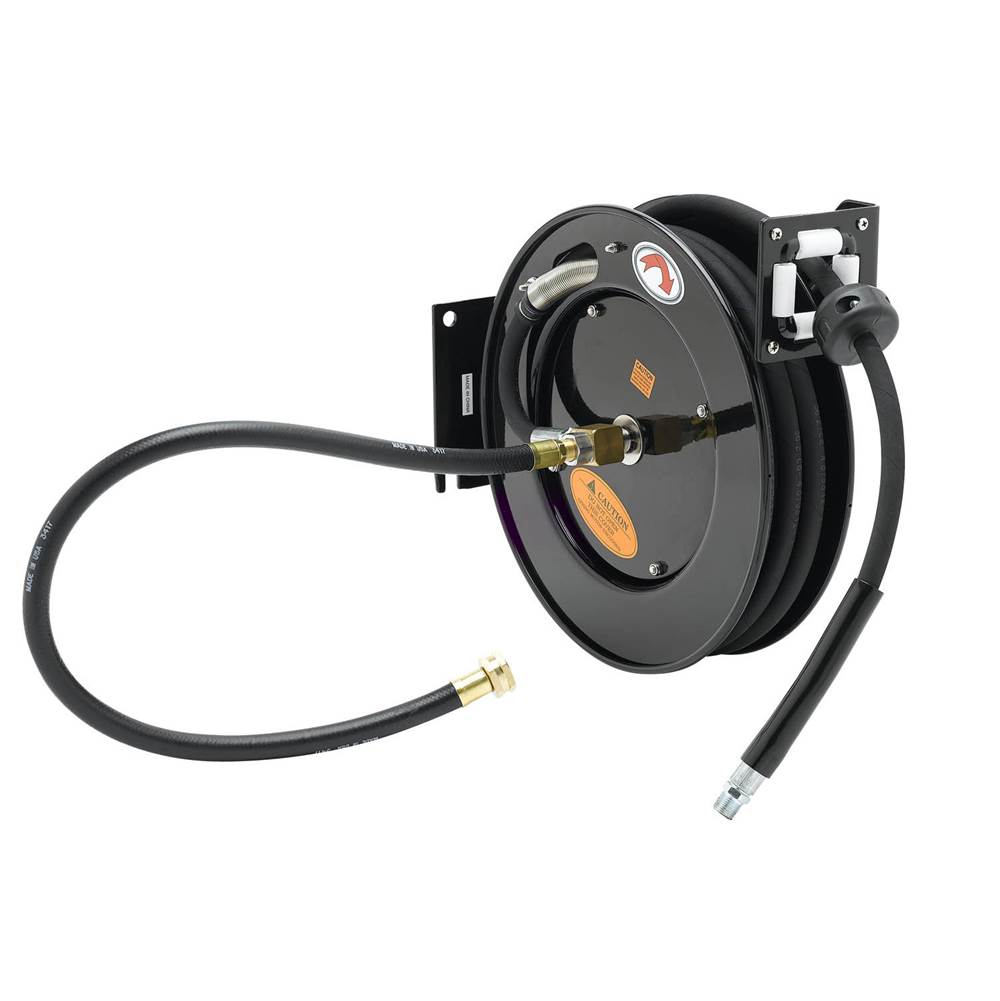 T&S Brass Hose Reel, Open, Powder Coated Steel, 3/8'' x 50' Hose, 3' Connector Hose w/ GH Adapter EQUIP