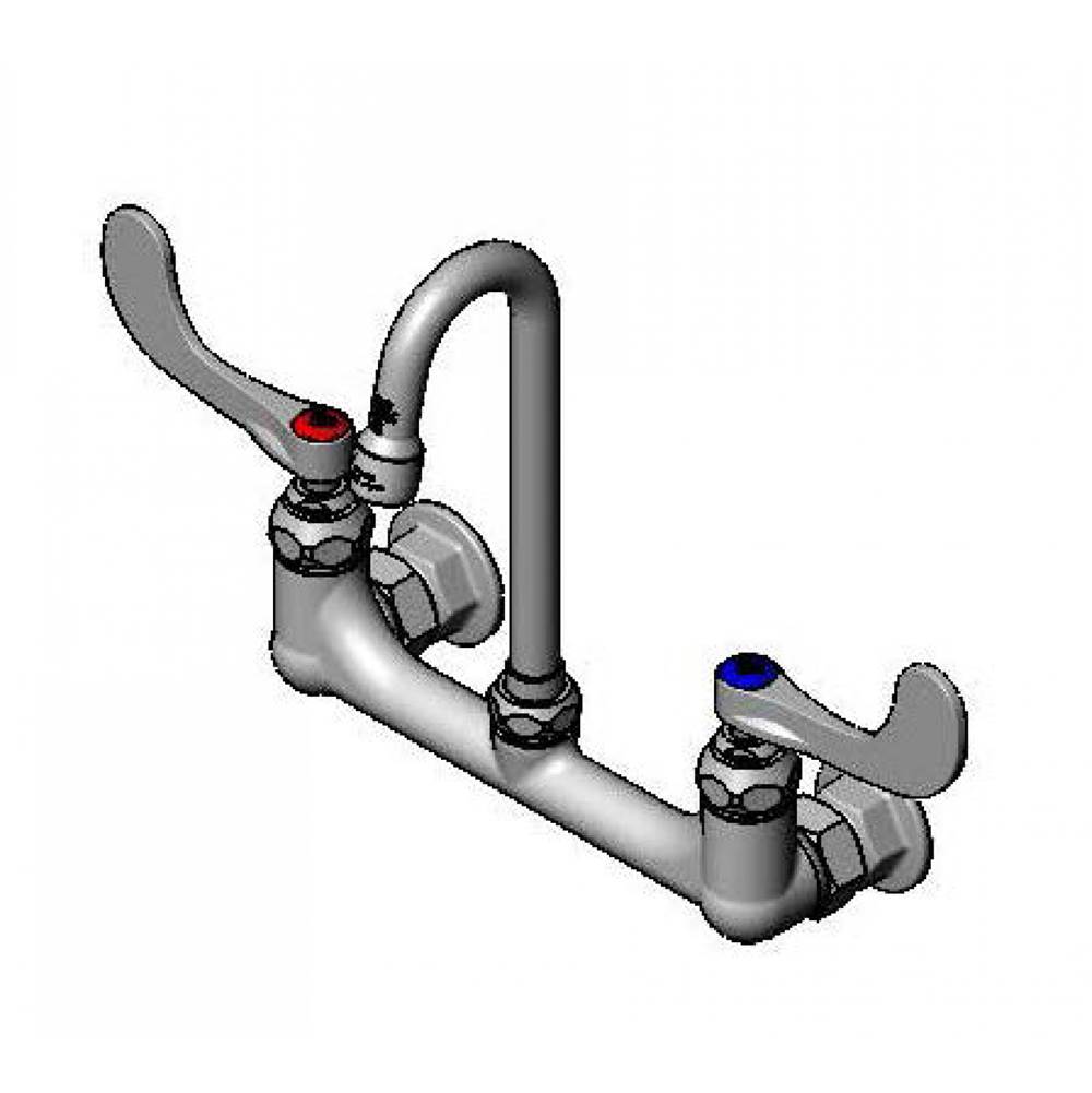 T&S Brass 8'' Wall Mount Faucet, Rigid Gooseneck, 1.2 GPM Aerator, 4'' Wrist-Action Handles