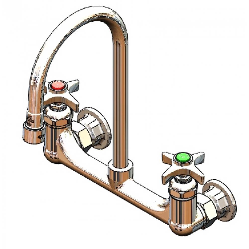 T&S Brass Sink Mixing Faucet, 8'' Wall Mount, Rigid Gooseneck, 2.2 GPM VR Aerator, 4-Arm Handles