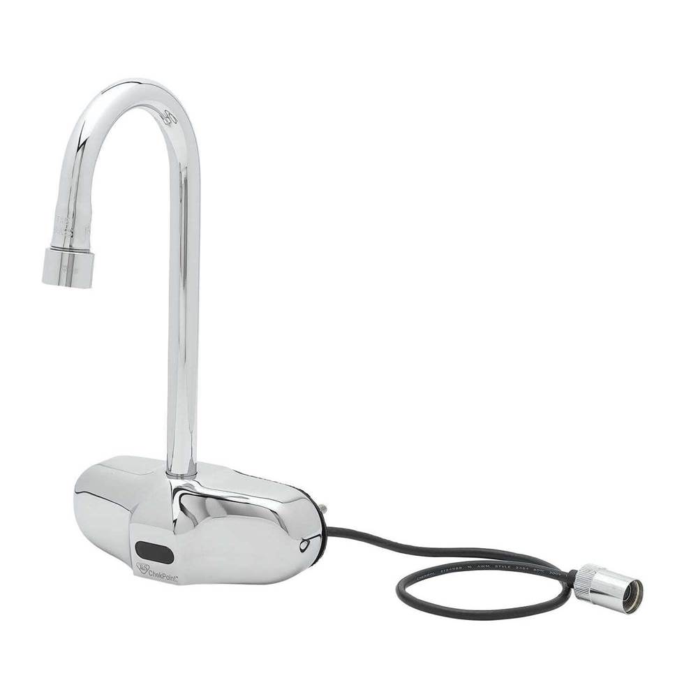 T&S Brass ChekPoint Electronic Faucet, 4'' Wall Mount, Gooseneck, Thermostatic Mixing Valve (Two-Hole Installation Design)
