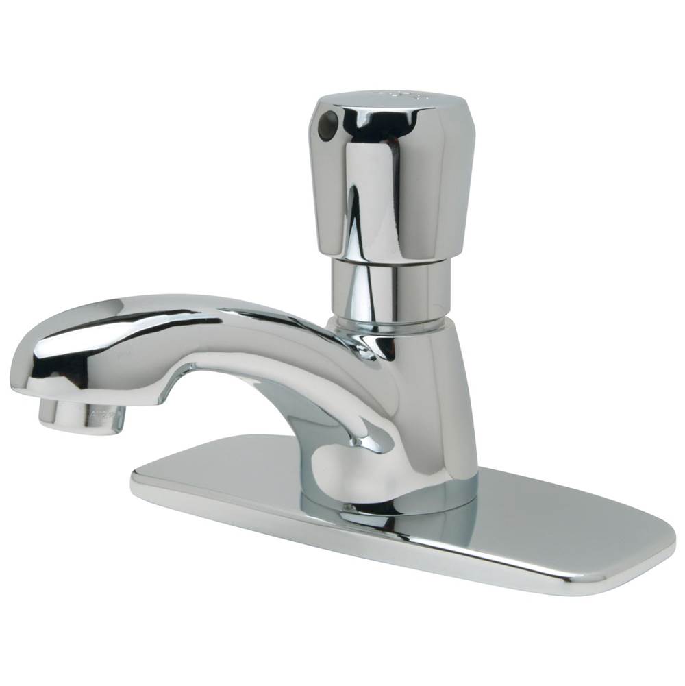 Zurn Industries AquaSpec® Single-Hole Metering Faucet, Deck Mount with 1.0 gpm Spray Outlet, 4'' Cover Plate, Push-Button Handle -Chrome